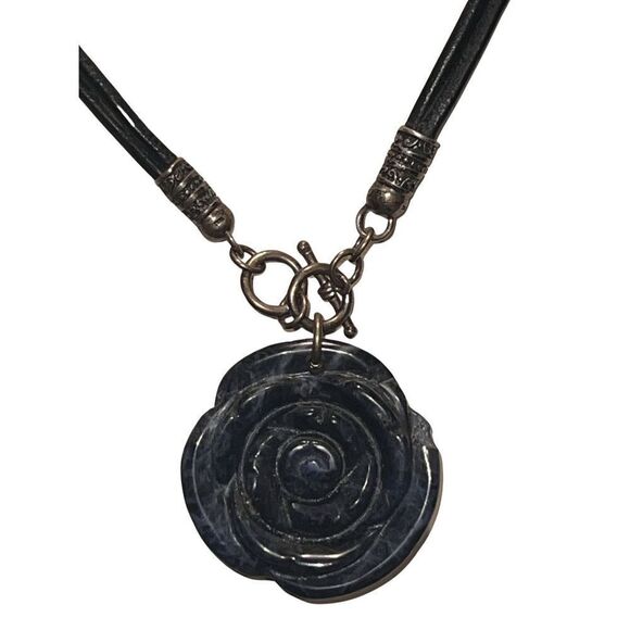 Vintage Genuine Blue Lapis Rose Pendent 925 Toggle Leather Choker Necklace - Picture 5 of 14